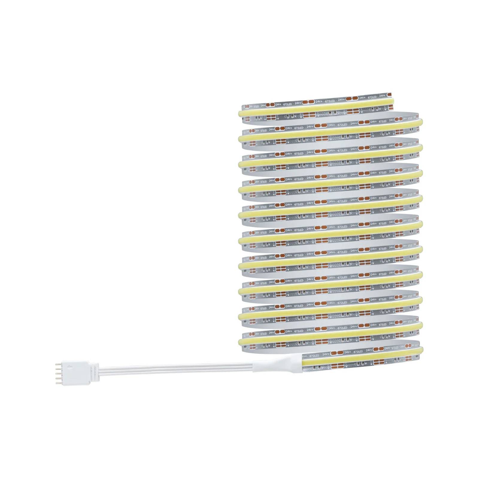 Ein aufgerollter LED-Streifen mit Anschlusskabel, geeignet für Innenbeleuchtung und Dekoration.