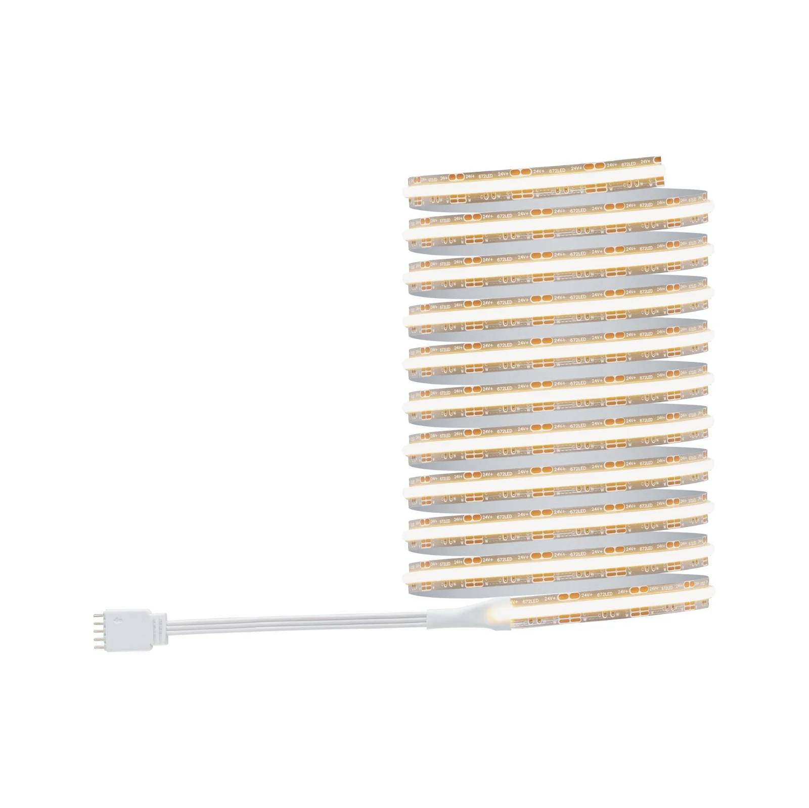 LED-Lichtstreifen aufgerollt, mit einem Anschlusskabel links. Eignet sich zur flexiblen Beleuchtung in verschiedenen Umgebungen.