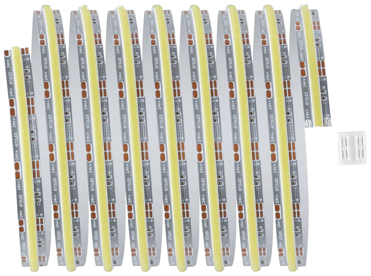 LED-Streifen in Packung, parallel nebeneinander, mit verschiedenen technischen Komponenten; ein Kontaktstück liegt daneben.