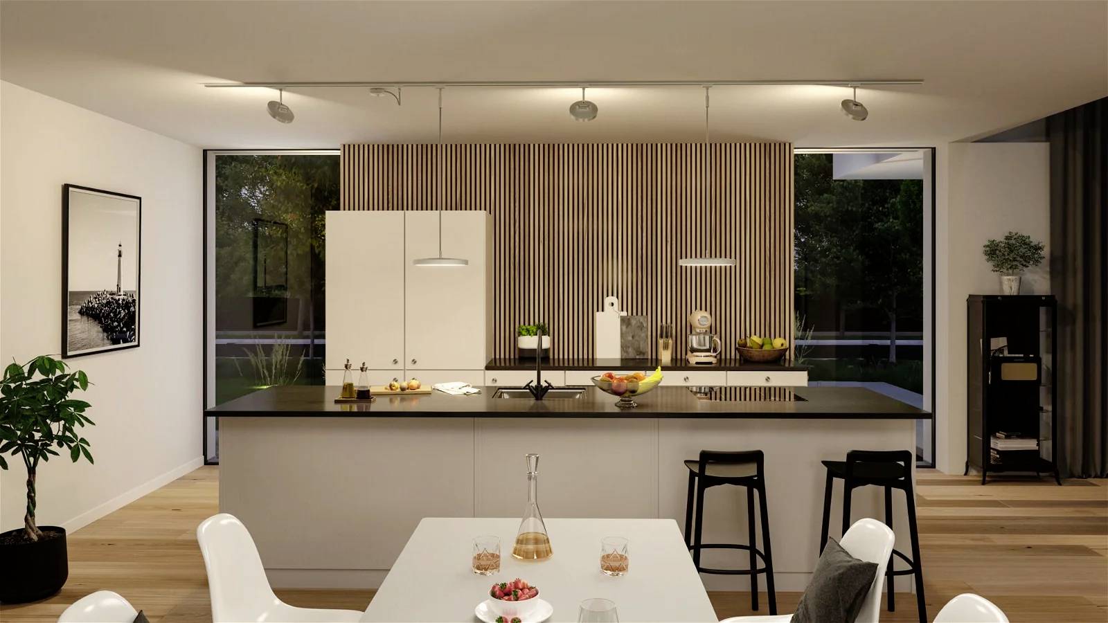 Moderne Küche mit weißer Insel, schwarzen Hockern und Holzakzenten. Im Hintergrund: Fenster, Pflanzen, Kunst an der Wand.