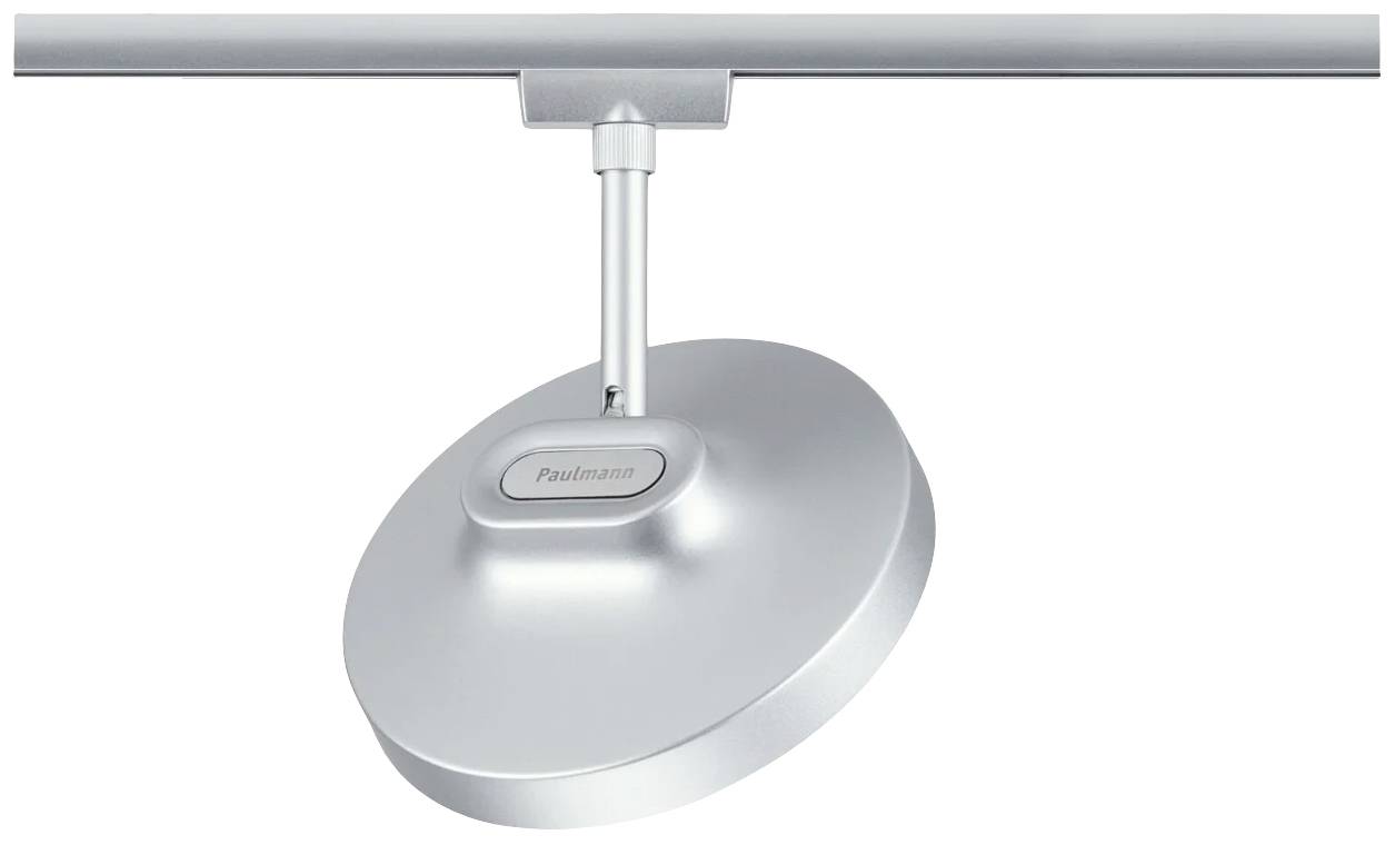 Silberne Deckenleuchte mit rundem Schirm, an der Halterung montiert. Elegantes Design für moderne Innenräume.