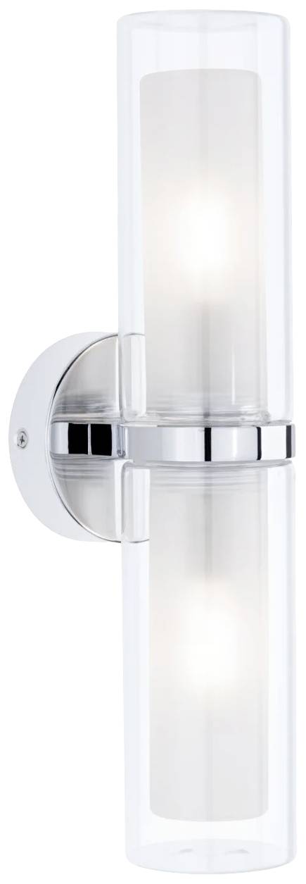 Zylindrische Wandlampe mit zwei Leuchtmitteln, klarem Glas und silberfarbener Halterung, leuchtet sanft und gleichmäßig.