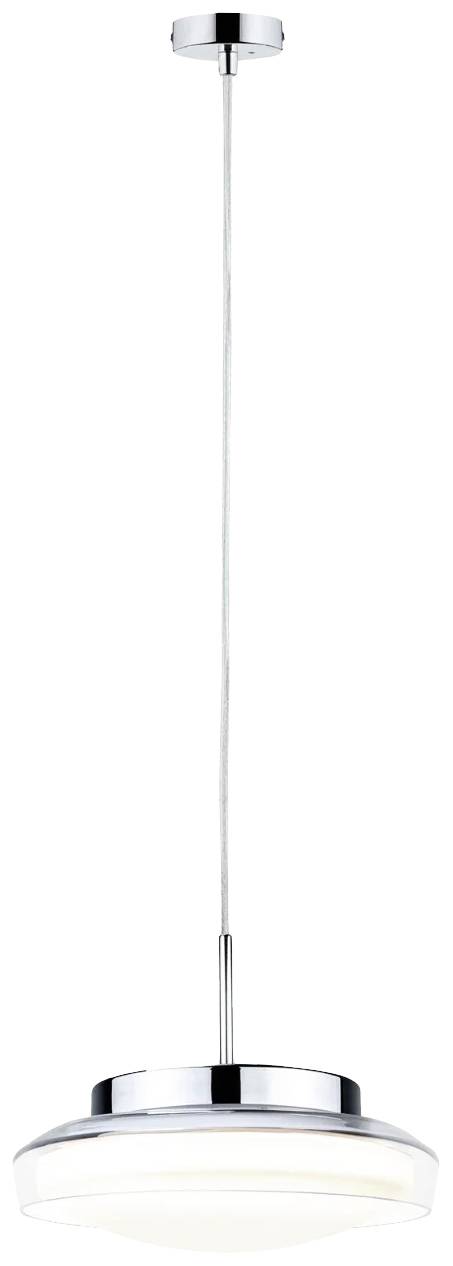 Moderne Hängelampe mit rundem, metallischem Gehäuse und mattem Glasdiffusor. Schlichtes Design, geeignet für Innenräume.