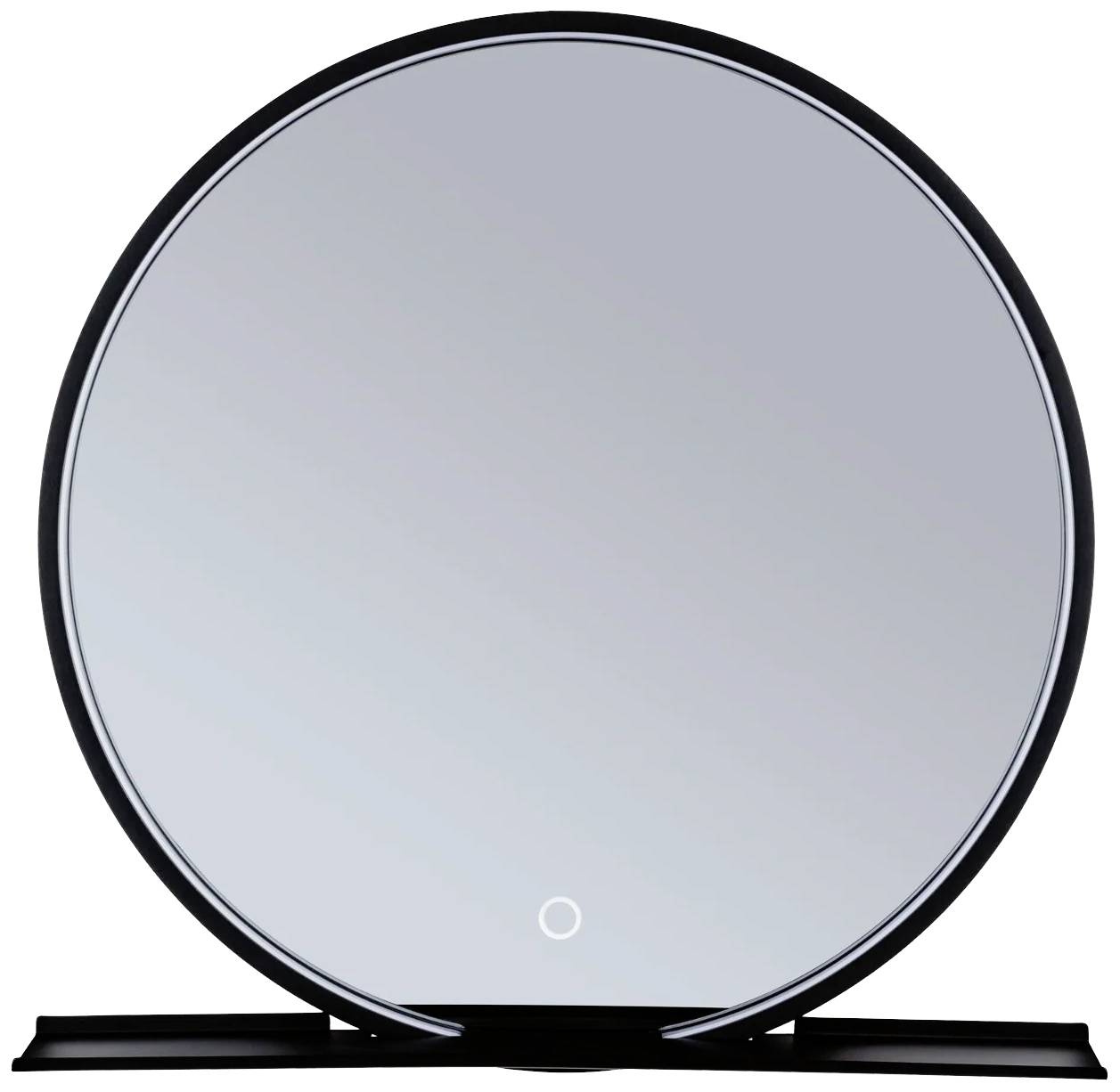 Runder Tischspiegel mit schmalem Rahmen, stehend auf schwarzem Sockel. Ideal für Schminktische oder Badezimmer.