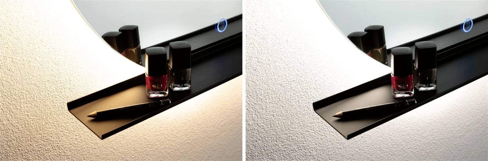 Zwei nebeneinander liegende Bilder: Links mit wärmerem Licht und rechts mit kühlerem Licht. Beide zeigen Nagellack und einen Eyeliner vor einem Spiegel.