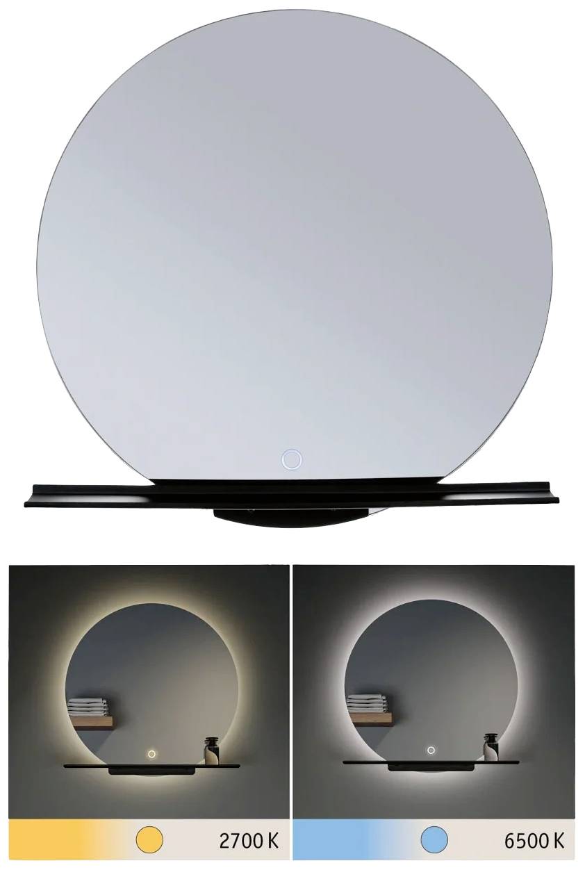 Runder Spiegel mit integriertem LED-Licht. Unterer Bereich zeigt Beleuchtungsoptionen: warmweiß (2700 K) links, kaltweiß (6500 K) rechts.