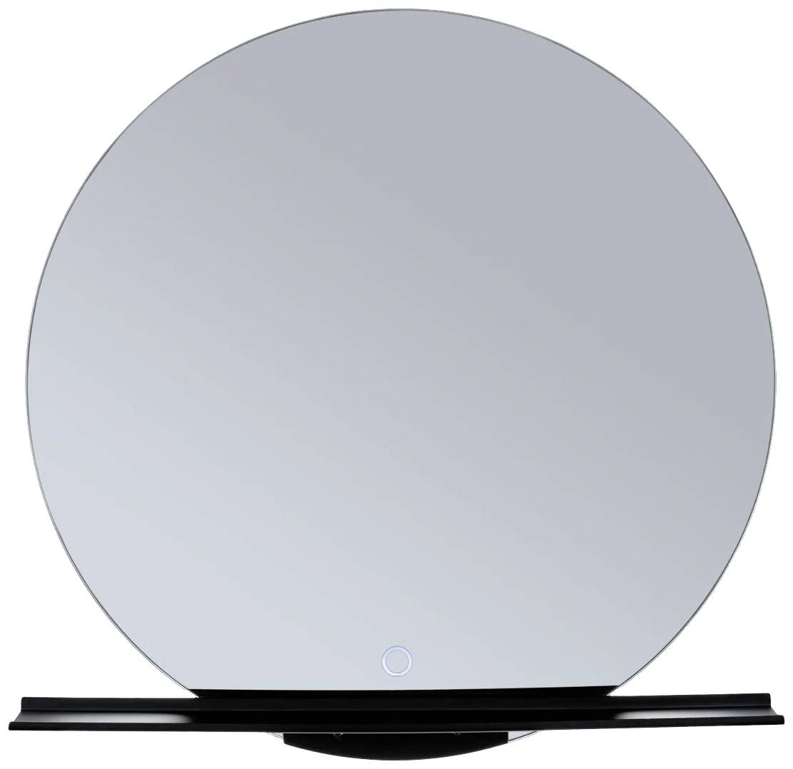 Runder Spiegel mit schwarzem, schmalem Regal an der Unterseite.