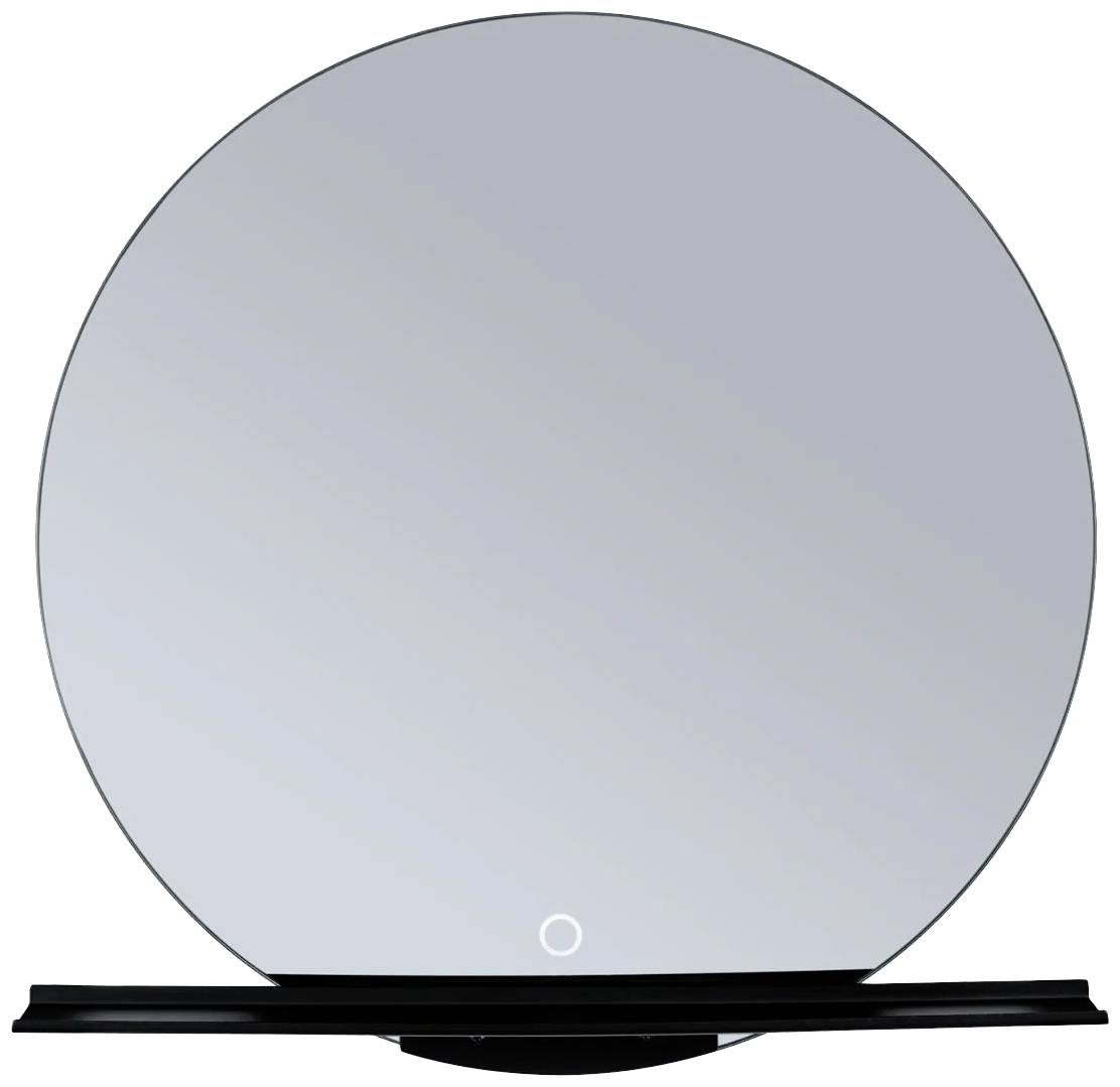 Runder Spiegel mit schwarzem Rand, leuchtet leicht in der Mitte, auf schwarzer Halterung montiert.