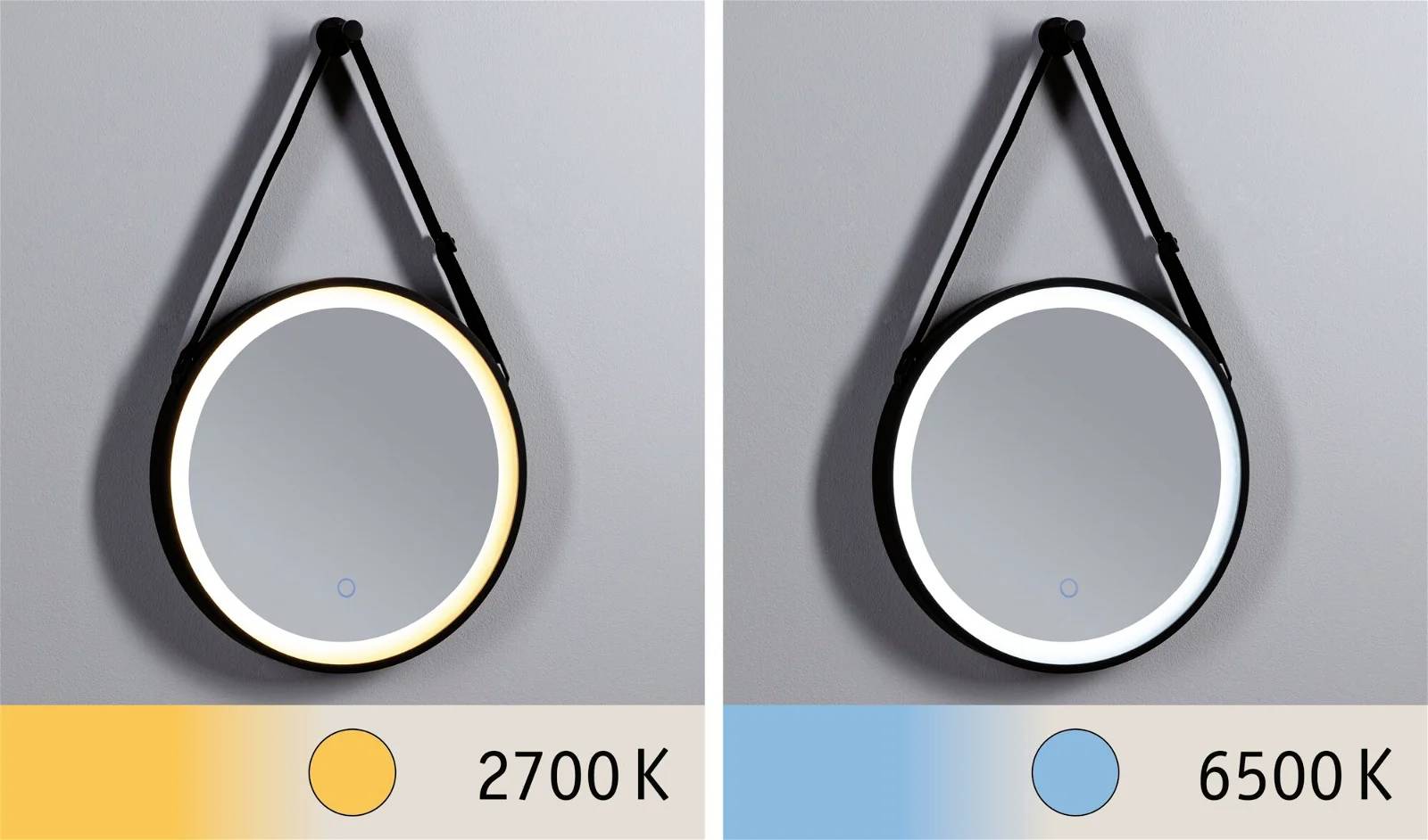 Runder Spiegel mit LED-Beleuchtung in zwei Lichtfarben: links warmes Licht (2700 K), rechts kaltes Licht (6500 K), an Wand aufgehängt.