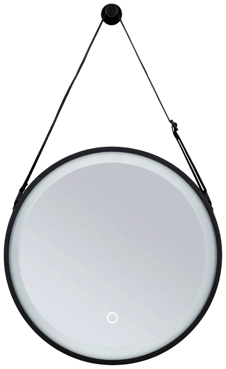 Runder Wandspiegel mit schwarzem Rahmen, hängt an einem Lederriemen. Im unteren Bereich ist ein kleiner beleuchteter Kreis sichtbar.