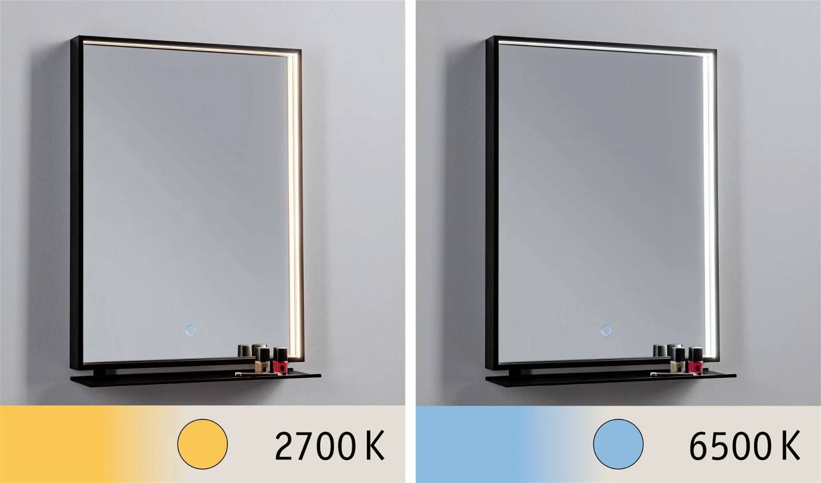 Zwei Spiegel mit LED-Beleuchtung: Links warmweißes Licht (2700 K), rechts kaltweißes Licht (6500 K). Kleine Flaschen unten.