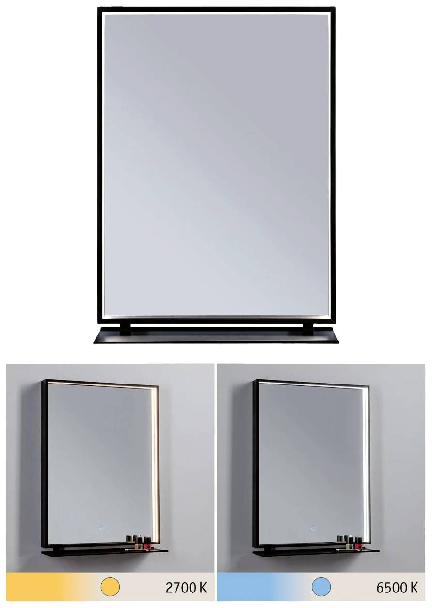 Ein rechteckiger Spiegel mit einstellbarer Beleuchtung, oben warmes Licht bei 2700 K, unten kaltes Licht bei 6500 K.