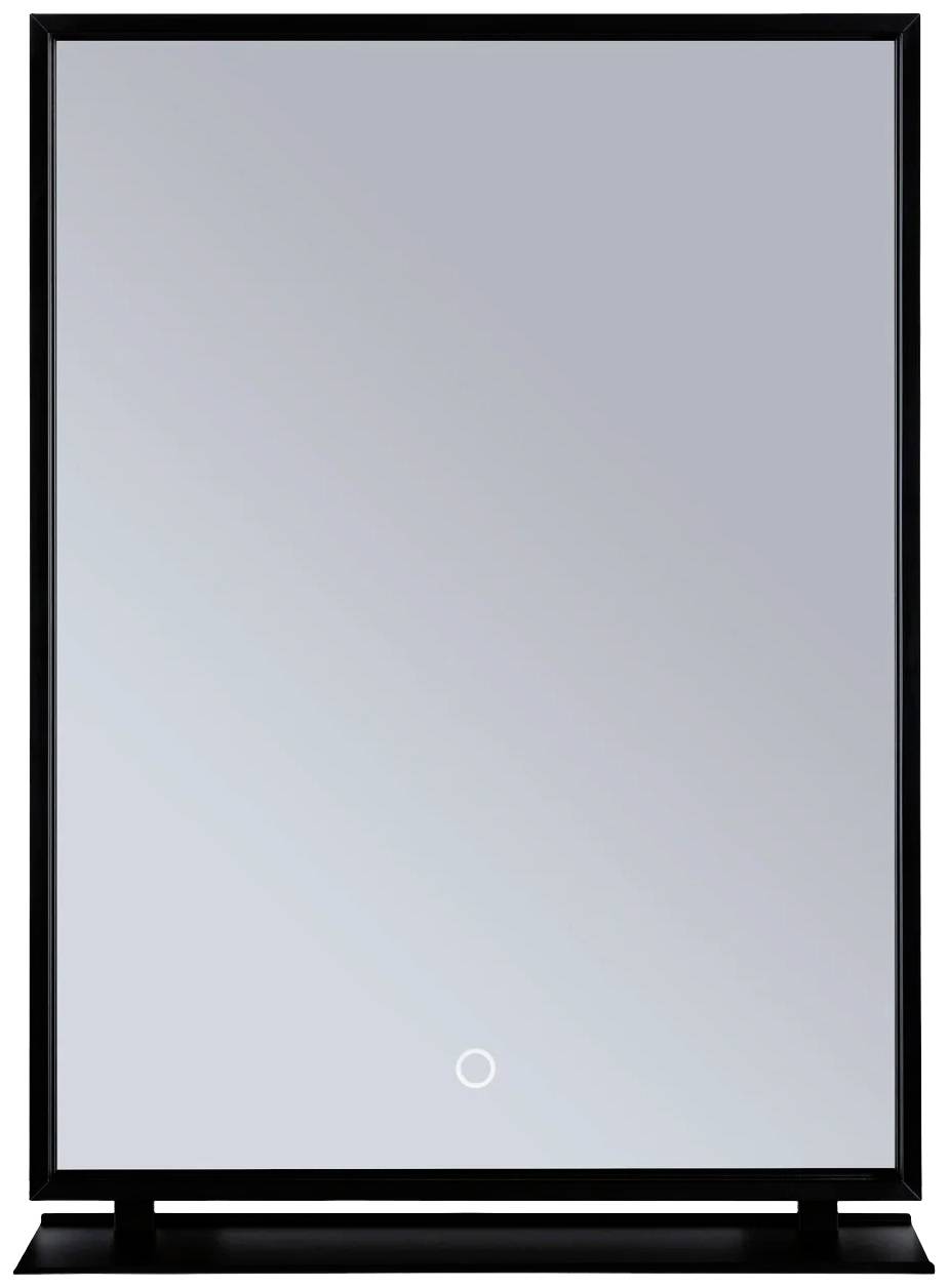 Ein rechteckiger Spiegel mit einem schmalen, schwarzen Rahmen und einem kleinen, leuchtenden Kreis am unteren Rand.