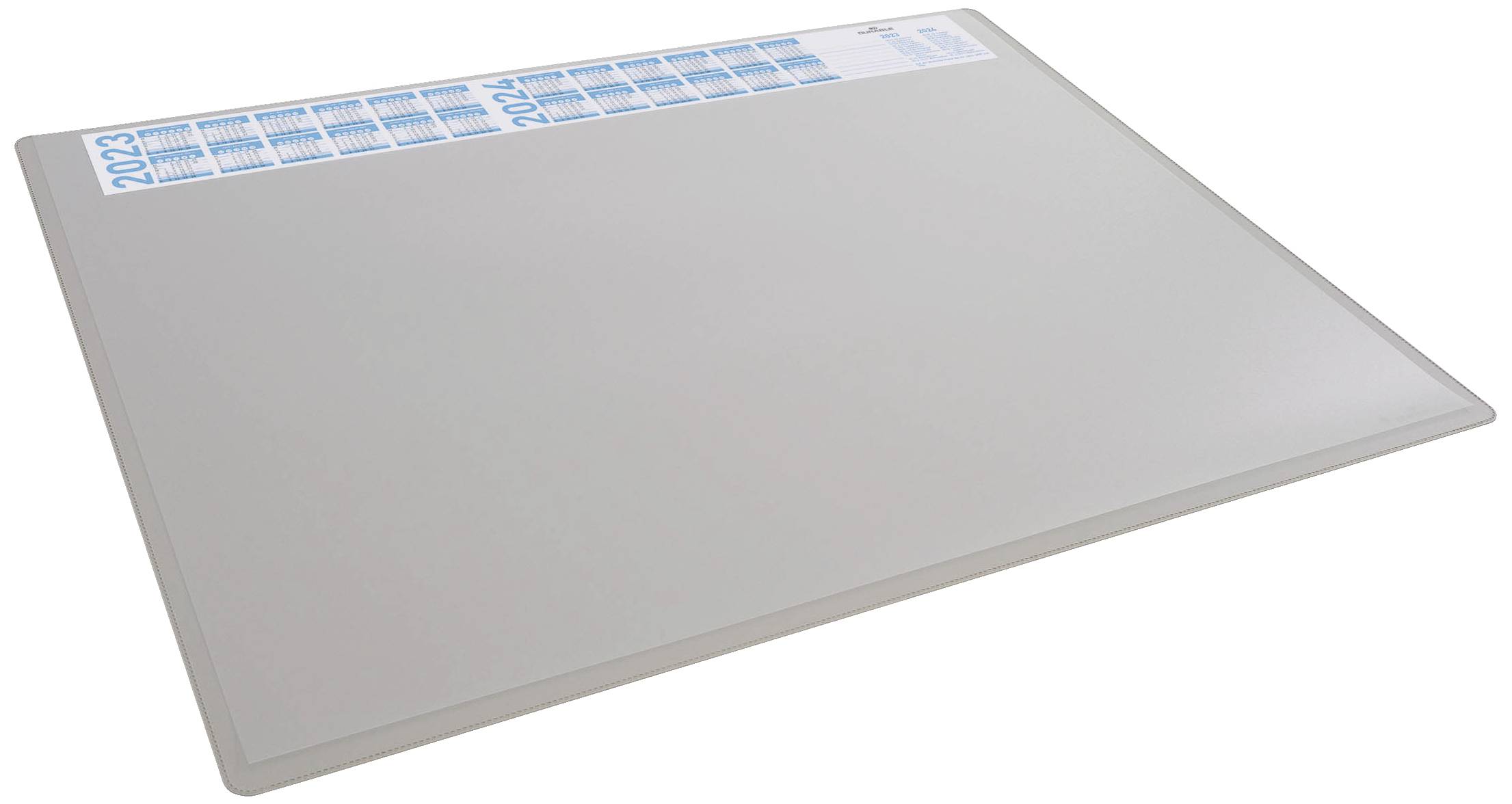 Schreibtischunterlage mit Kalender für 2023 und 2024 in blauer Schrift am oberen Rand. Es ist ein glattes, flaches Rechteck.