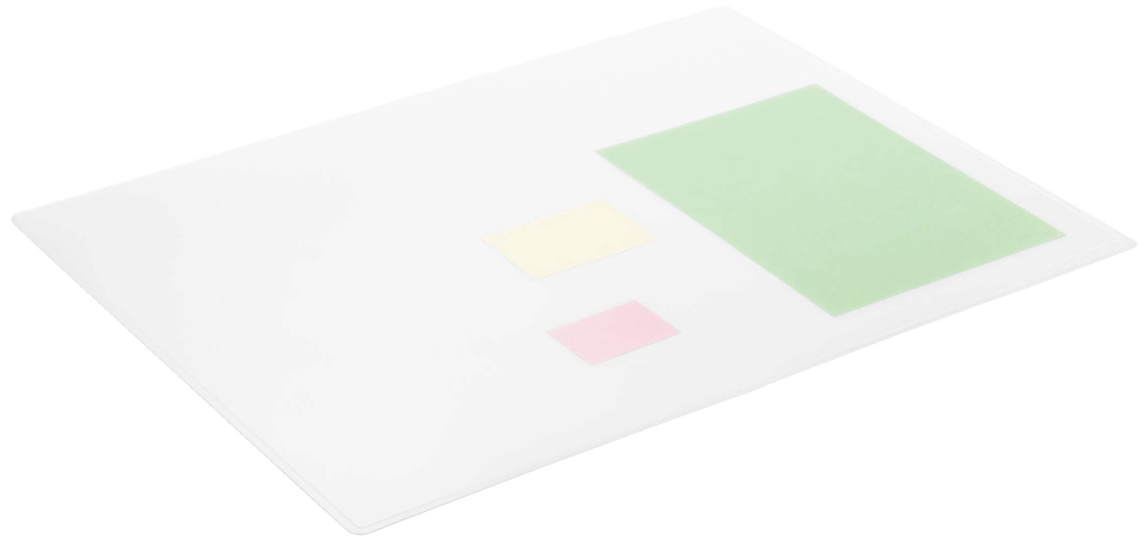 Ein rechteckiges Tablett mit drei unterschiedlich großen und farbigen Rechtecken darauf: grün, gelb und rosa.