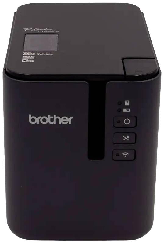 Ein kompakter schwarzer Etikettendrucker mit der Aufschrift 'brother' auf der Vorderseite. Drei Tasten und ein LED-Anzeigelicht.