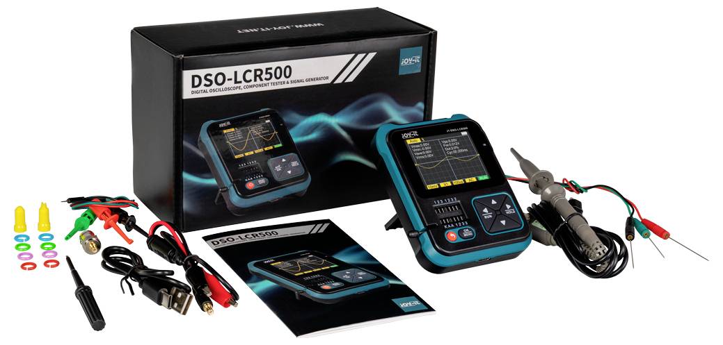 Multimeter-Set DSO-LCR500 mit Zubehör: Testleitungen, Krokodilklemmen, USB-Kabel, Benutzerhandbuch und Verpackungsbox.