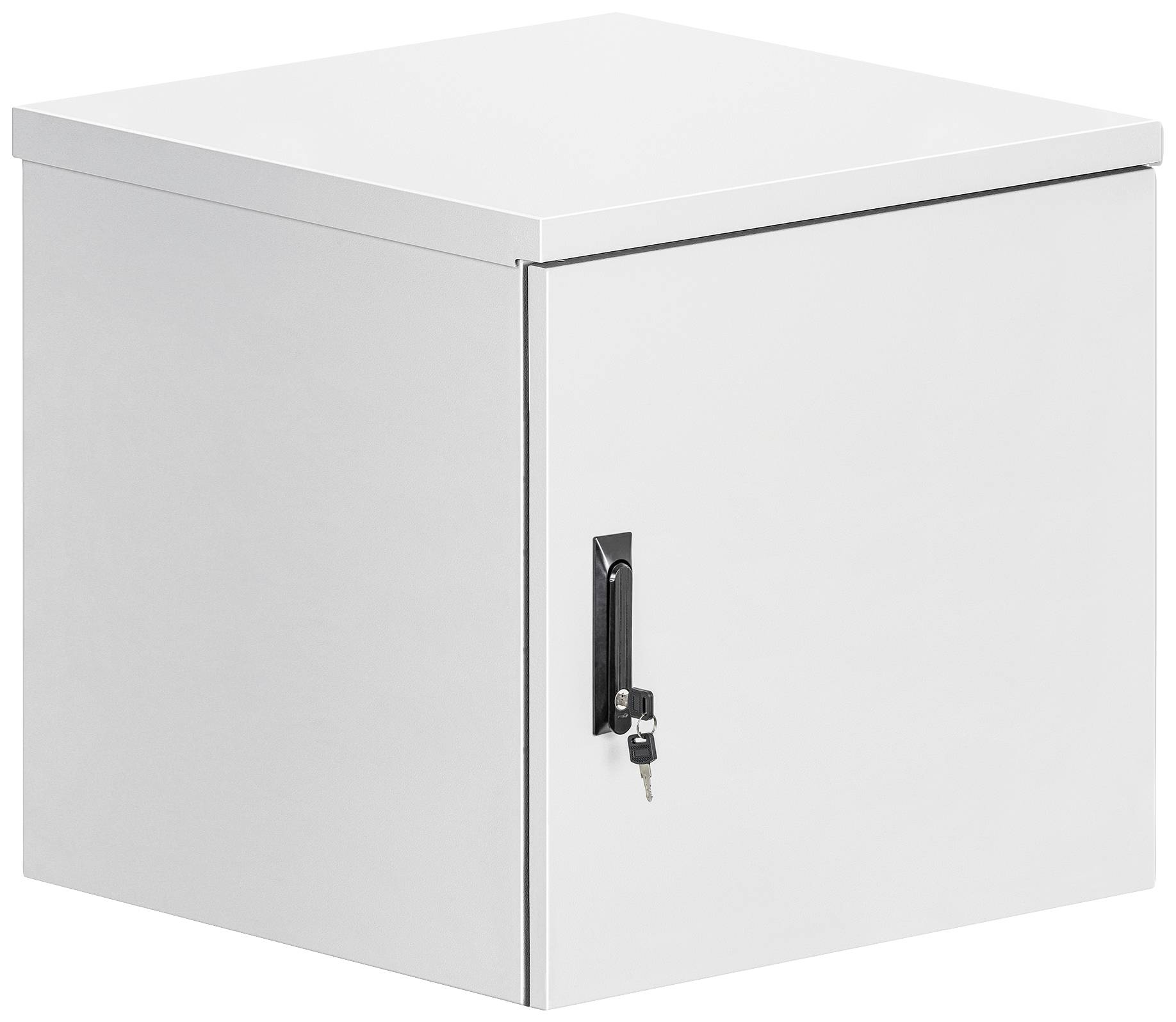 Ein weißer, quadratischer Metallschrank mit einer Tür und einem schwarzen Griff mit Schlüssel. Schrank ist geschlossen.