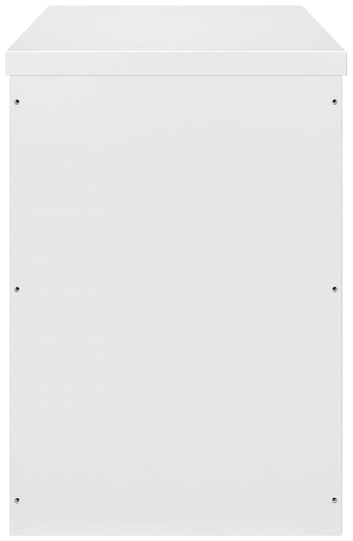 Ein weißer, rechteckiger Kasten mit sichtbaren Schrauben an den Seiten. Minimalistisches Design, typisch für moderne Möbelstücke.