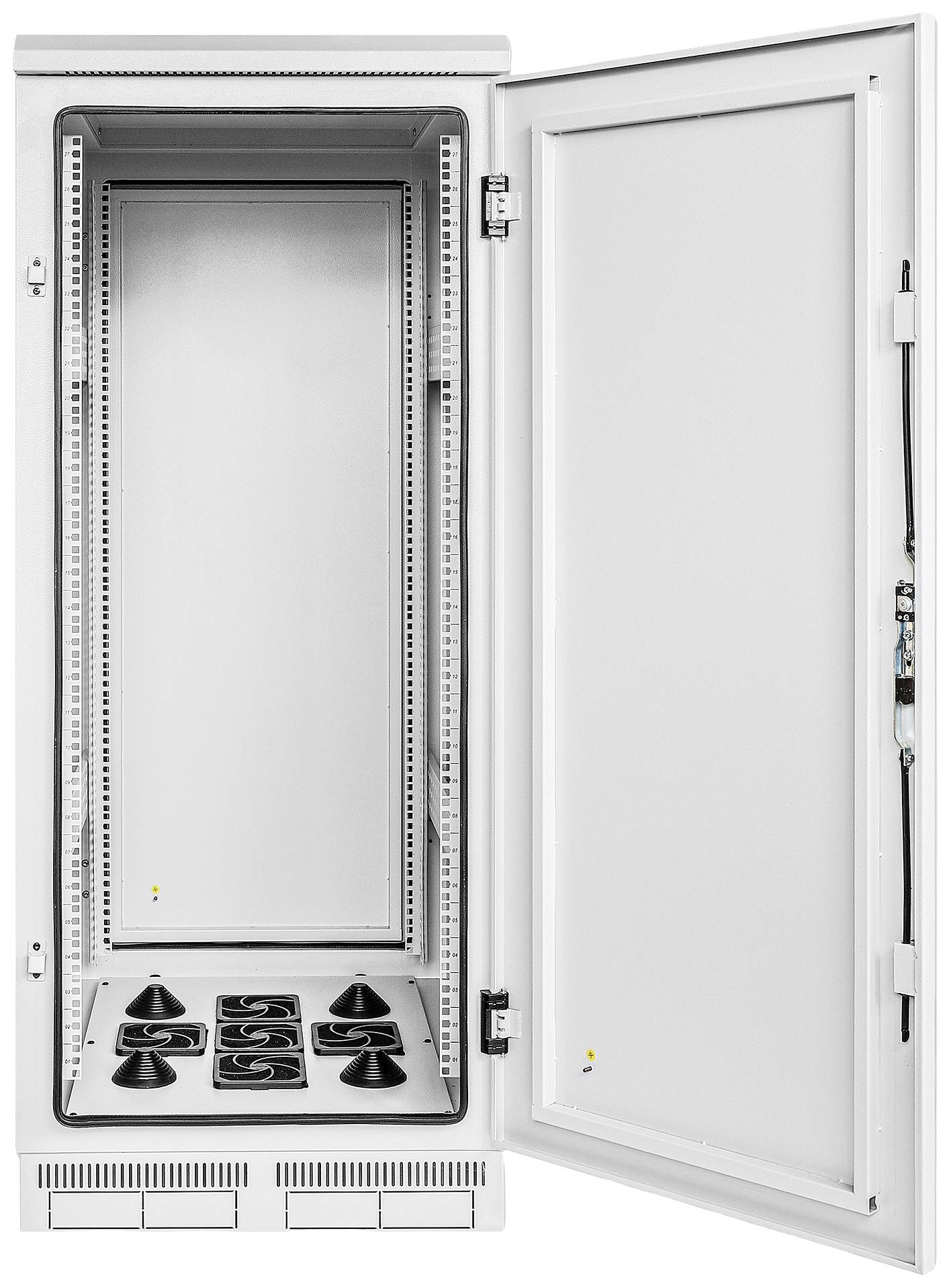 Offener, leerer Metall-Schaltschrank mit sichtbaren Lüftungsschlitzen unten, geeignet für elektronische Geräteinstallation in Innenräumen.