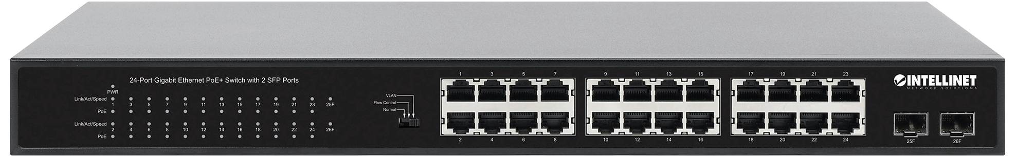 Intellinet 24-Port Gigabit Ethernet PoE+ Switch mit 2 SFP-Ports PoE-Strombudget 370W 19" 19 Zoll Netzwerk-Switch 10 / 100