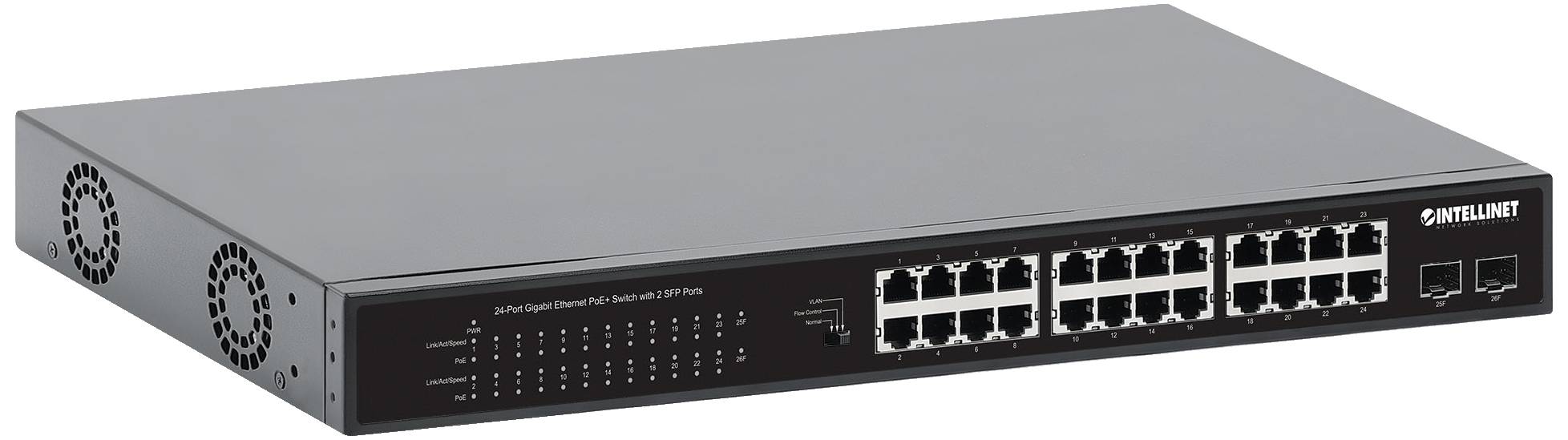 Intellinet 24-Port Gigabit Ethernet PoE+ Switch mit 2 SFP-Ports PoE-Strombudget 370 W 19" 19 Zoll Netzwerk-Switch 10 / 100 / 1000 MBit/s