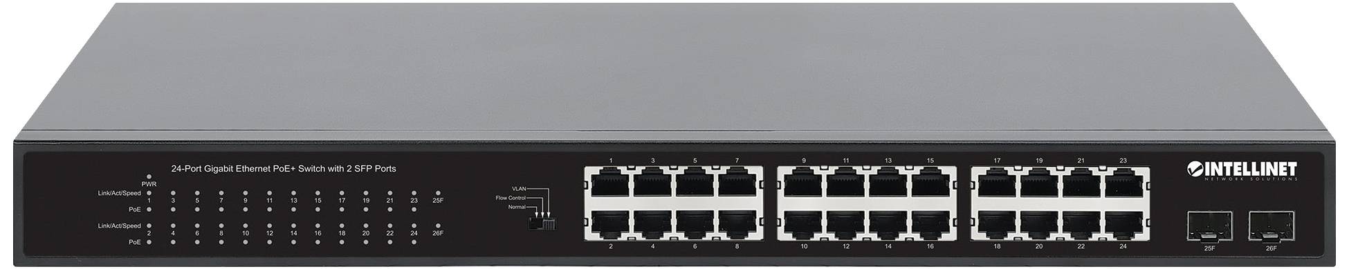 Intellinet 24-Port Gigabit Ethernet PoE+ Switch mit 2 SFP-Ports PoE-Strombudget 370 W 19" 19 Zoll Netzwerk-Switch 10 / 100 / 1000 MBit/s