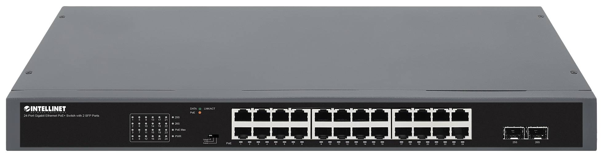 Intellinet 24-Port Gigabit PoE+ Switch mit 2 SFP Ports 370W Powered Device Monitor 19" 19 Zoll Netzwerk-Switch 10 / 100