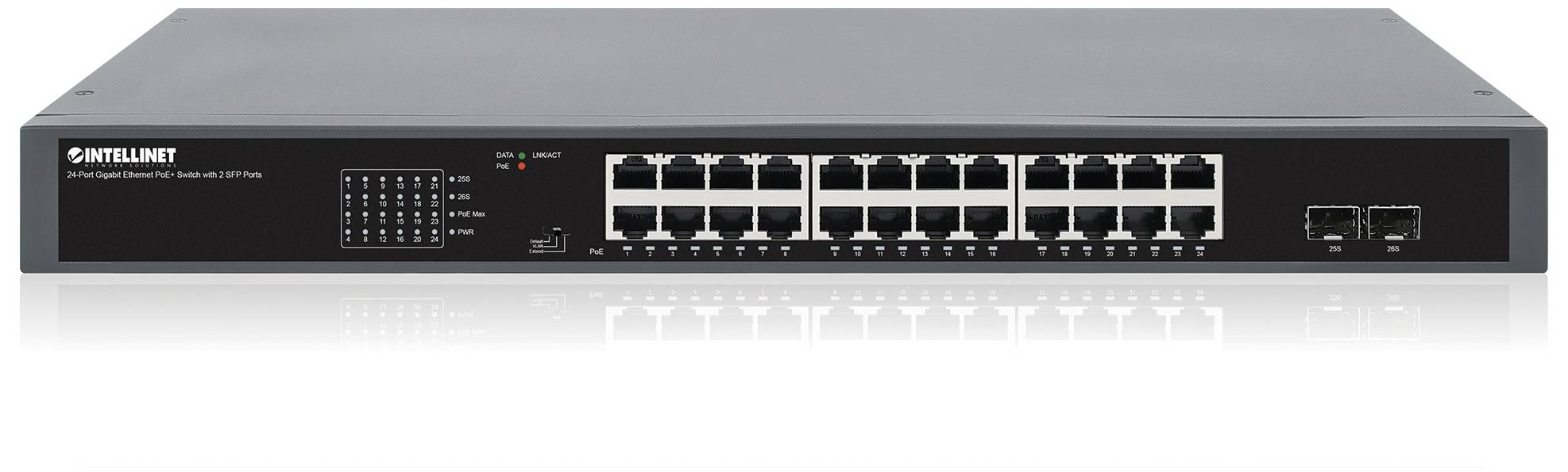 Intellinet 24-Port Gigabit PoE+ Switch mit 2 SFP Ports 370W Powered Device Monitor 19" 19 Zoll Netzwerk-Switch 10 / 100