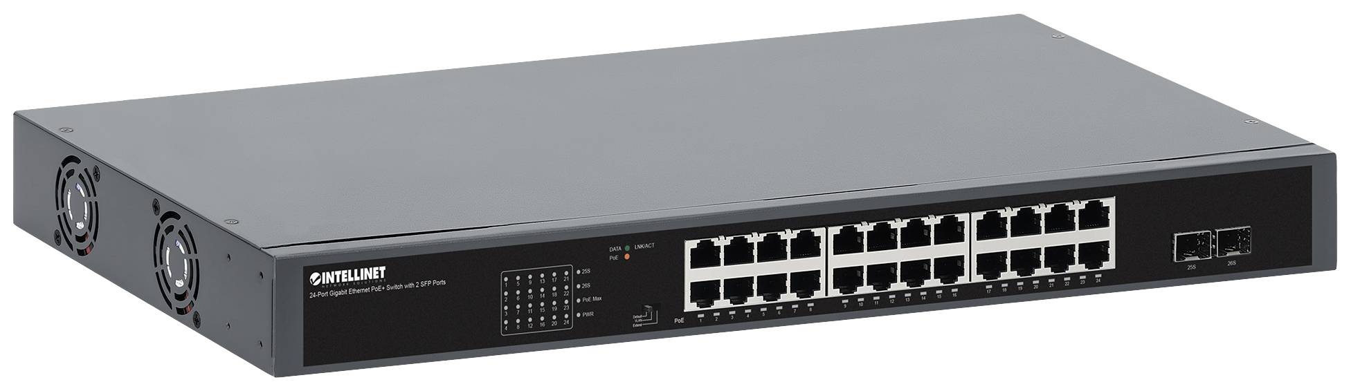 Intellinet 24-Port Gigabit PoE+ Switch mit 2 SFP Ports 370W Powered Device Monitor 19" 19 Zoll Netzwerk-Switch 10 / 100
