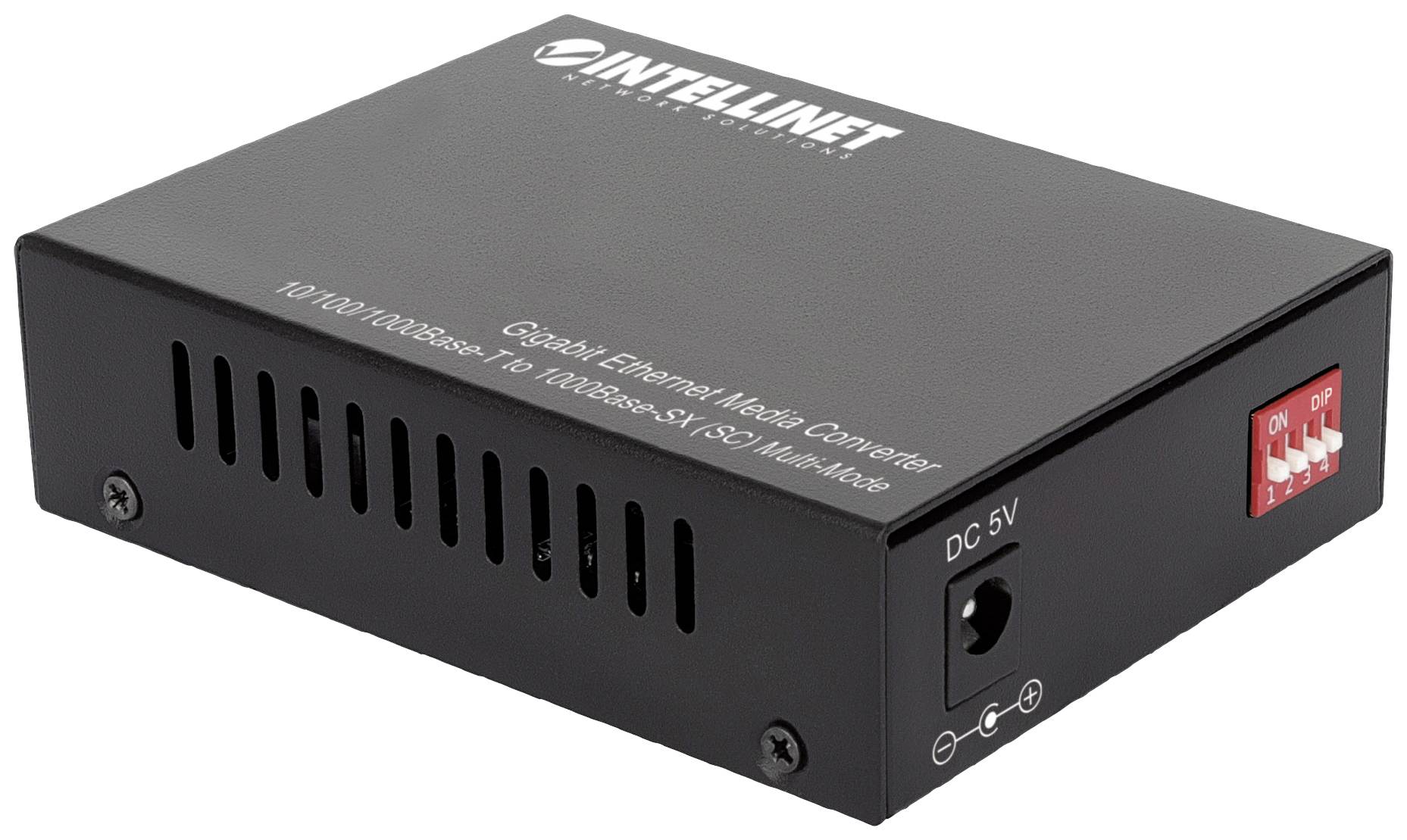 'INTELLINET Gigabit Ethernet Media Converter', ein schwarzes Gerät mit Lüftungsschlitzen, Anschlüssen und Schalter auf der Seite.
