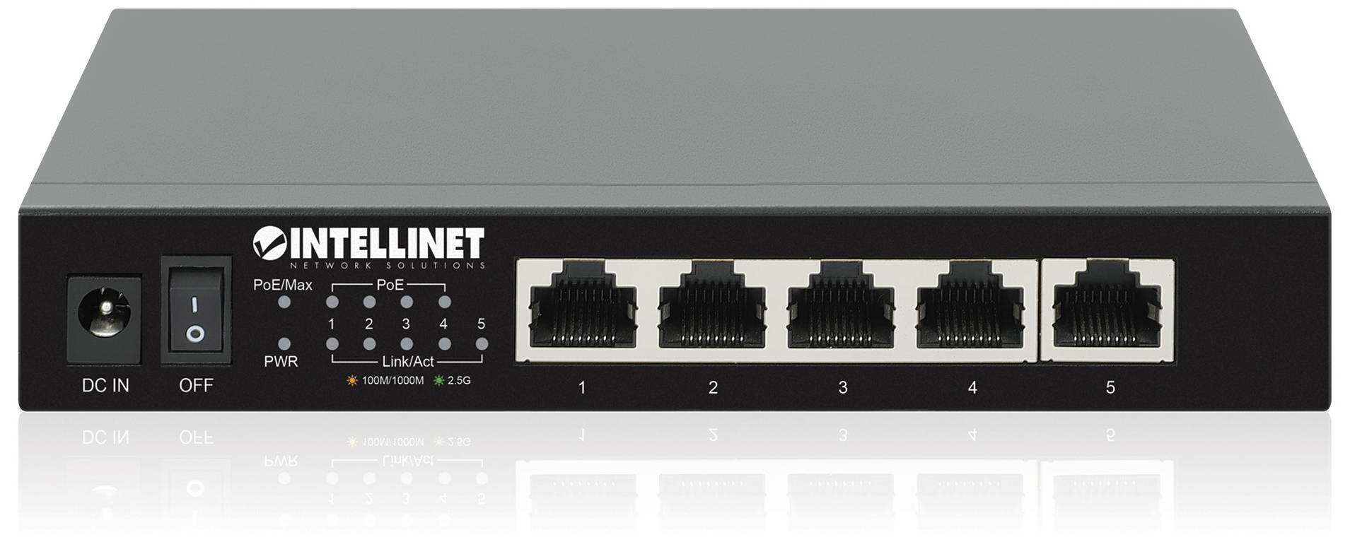 Intellinet 5-Port 2,5G Ethernet PoE+ Switch 4xPSE PoE+ Ports 55 W PoE-Leistungsbudget Netzwerk Switch IEEE802.3af (15.4 W), IEEE802.3at (30 W)