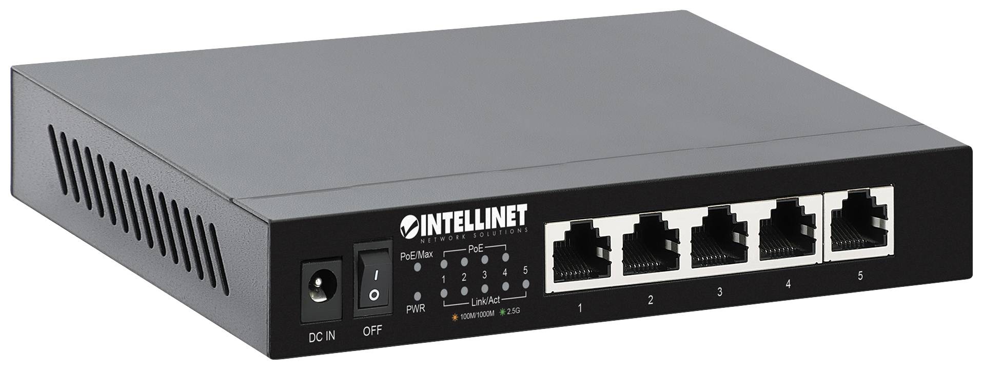 Intellinet 5-Port 2,5G Ethernet PoE+ Switch 4xPSE PoE+ Ports 55 W PoE-Leistungsbudget Netzwerk Switch IEEE802.3af (15.4 W), IEEE802.3at (30 W)