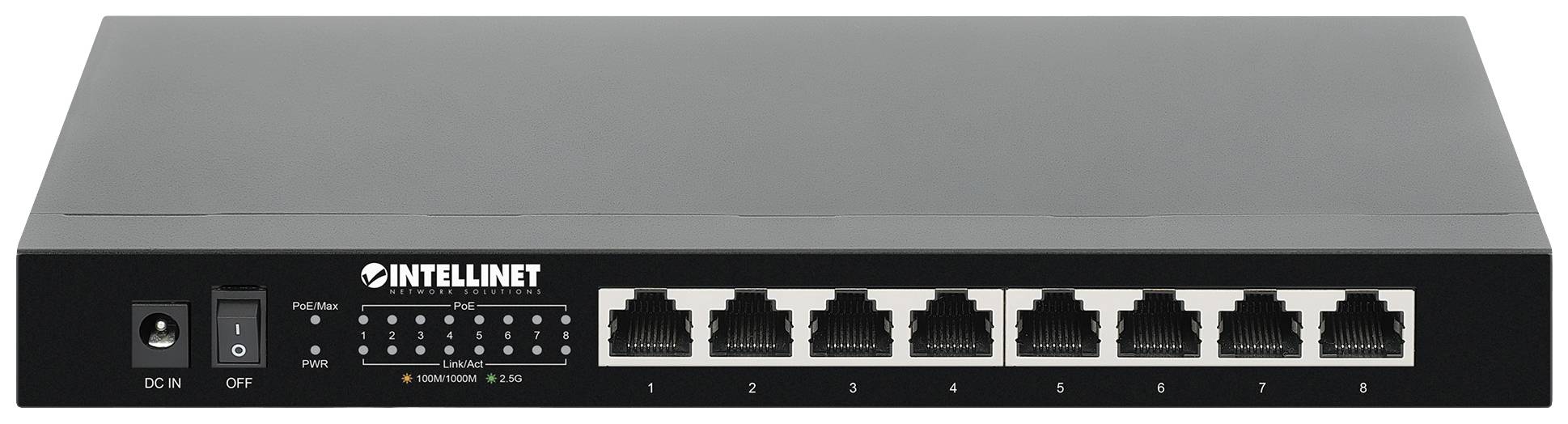 Ein schwarzer Netzwerk-Switch mit acht Ethernet-Ports. Links befinden sich ein Netzschalter und eine LED-Anzeige für den Status.
