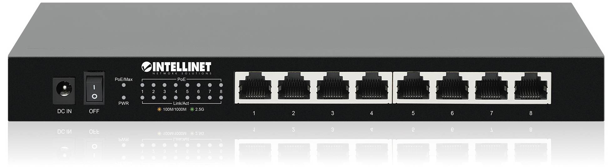 Ein schwarzer Netzwerkswitch mit acht Ethernet-Ports und einer Betriebsanzeige. Links befindet sich der Ein-/Ausschalter.