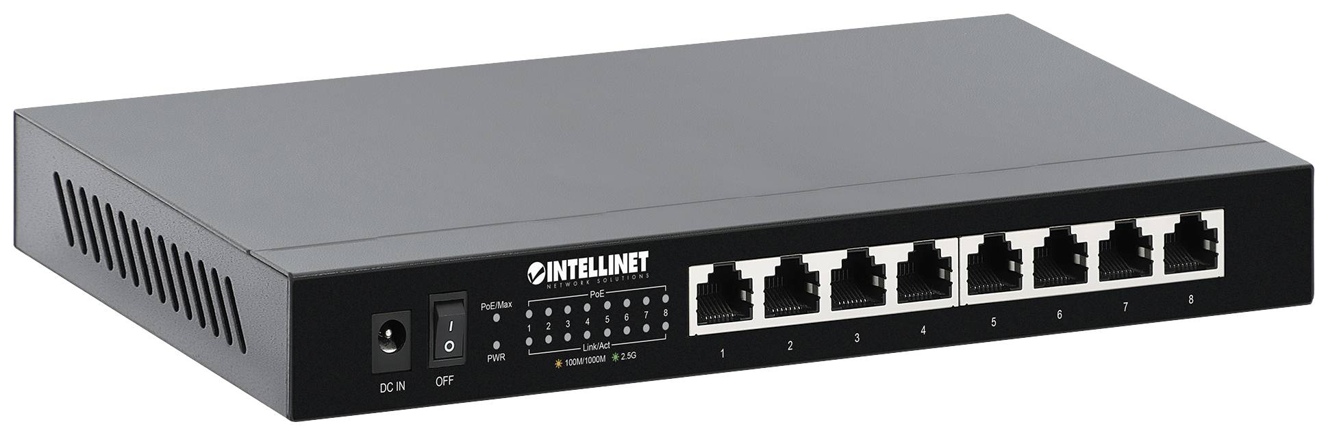 Ein schwarzer Netzwerk-Switch mit acht Ethernet-Ports auf der Vorderseite, Markenname 'Intellinet'.