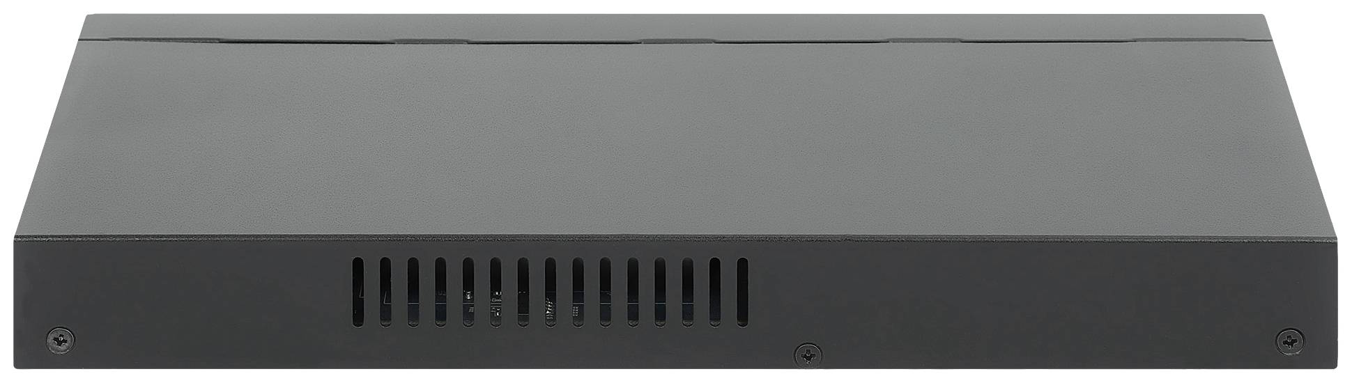 Ein schwarzes rechteckiges elektronisches Gerät, wahrscheinlich ein Netzwerk- oder Servergerät, mit Lüftungsschlitzen an der Vorderseite.