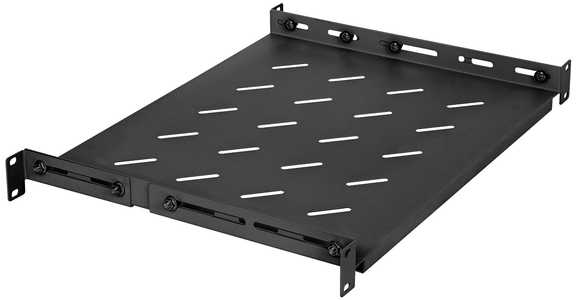 Schwarzes, perforiertes Regalbrett für Serverracks. Es hat verstellbare Halterungen und ist für die Befestigung in einem 19-Zoll-Rack geeignet.