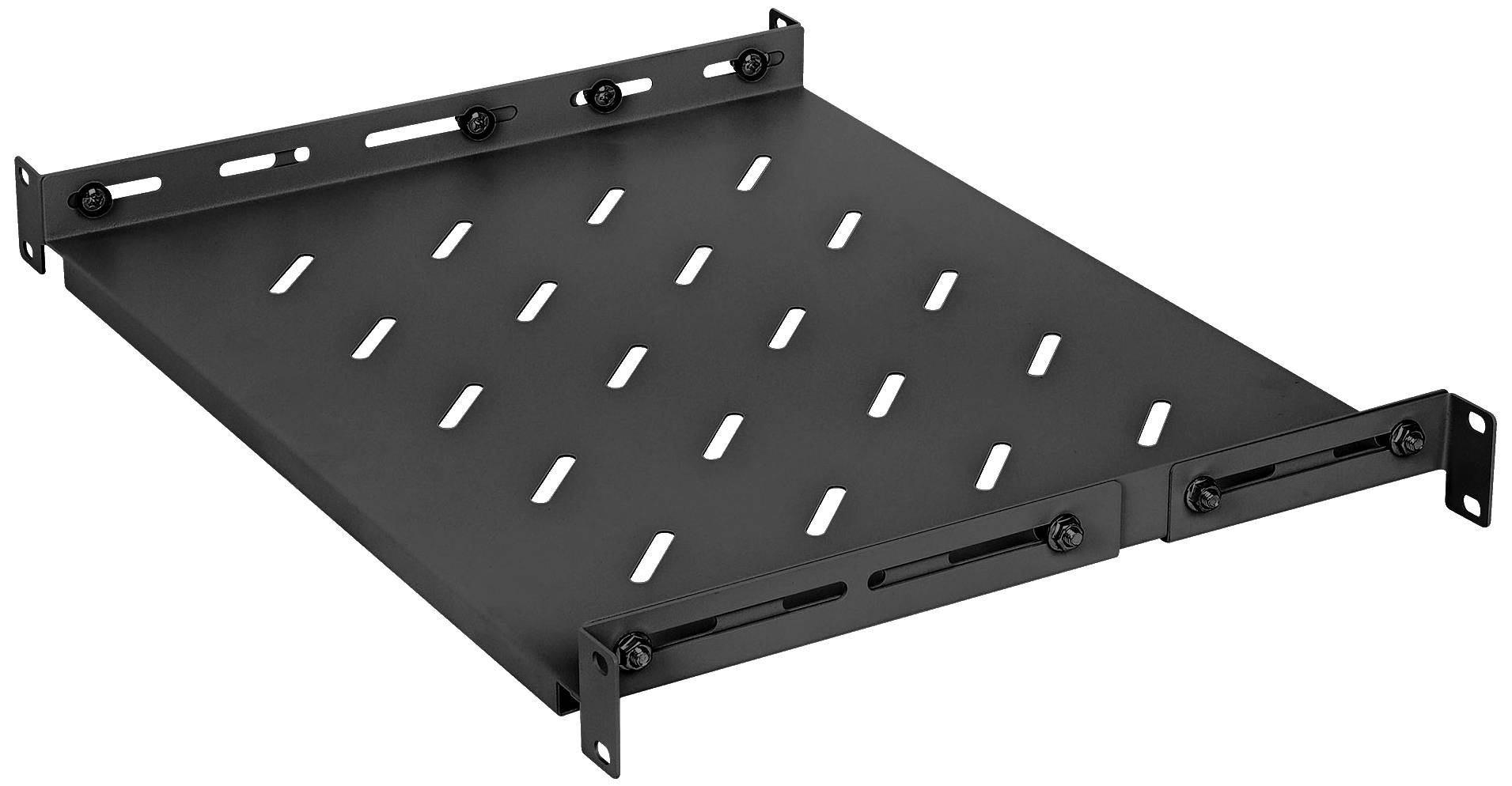Ein schwarzes, perforiertes Metallregal für Racks mit verstellbaren Halterungen. Ideal zur Aufnahme von IT- oder AV-Geräten.