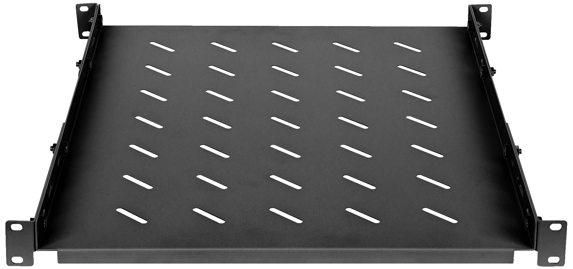 Ein schwarzes, perforiertes Regalbrett aus Metall, geeignet zur Montage in einem Server-Rack. Die Schlitze ermöglichen Belüftung.