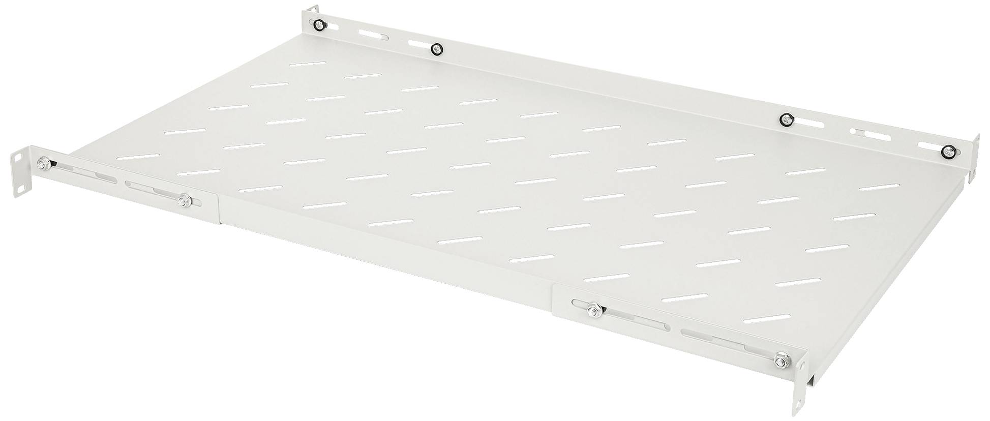 Ein weißes, perforiertes Metallregal für Serverracks, horizontal ausgerichtet. Eignet sich zur Lagerung von Geräten in Rechenzentren.