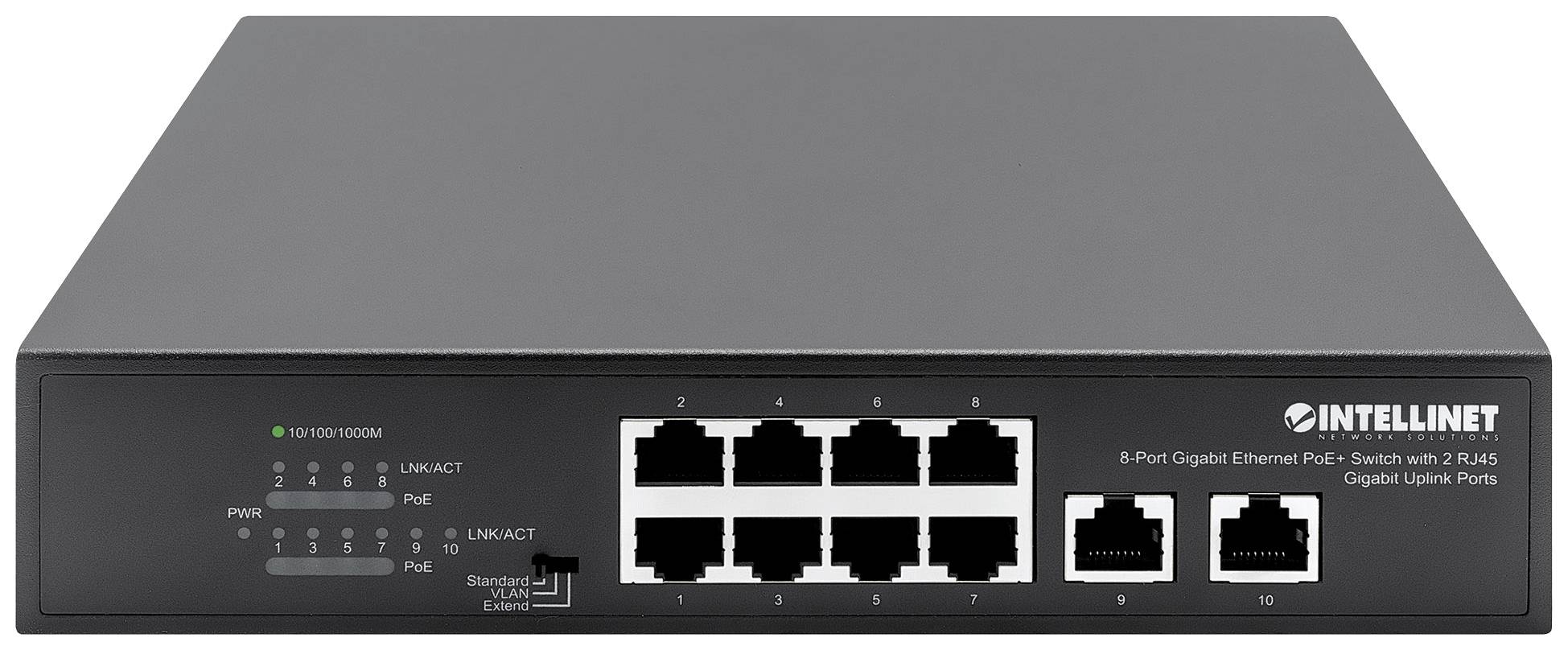 Intellinet 8-Port Gigabit Ethernet PoE+ Switch mit 2 RJ45 Gigabit Uplink-Ports 120W Netzwerk Switch 10 / 100 / 1000 MBit/s IEEE802.3af (15.4 W)