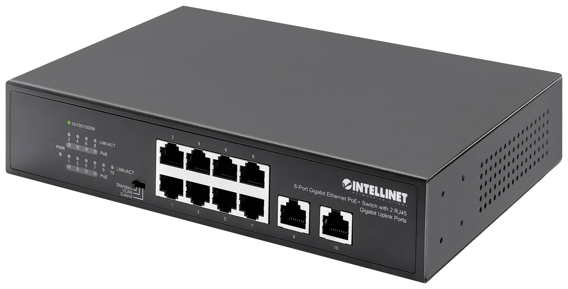 Intellinet 8-Port Gigabit Ethernet PoE+ Switch mit 2 RJ45 Gigabit Uplink-Ports 120W Netzwerk Switch 10 / 100 / 1000 MBit/s IEEE802.3af (15.4 W)