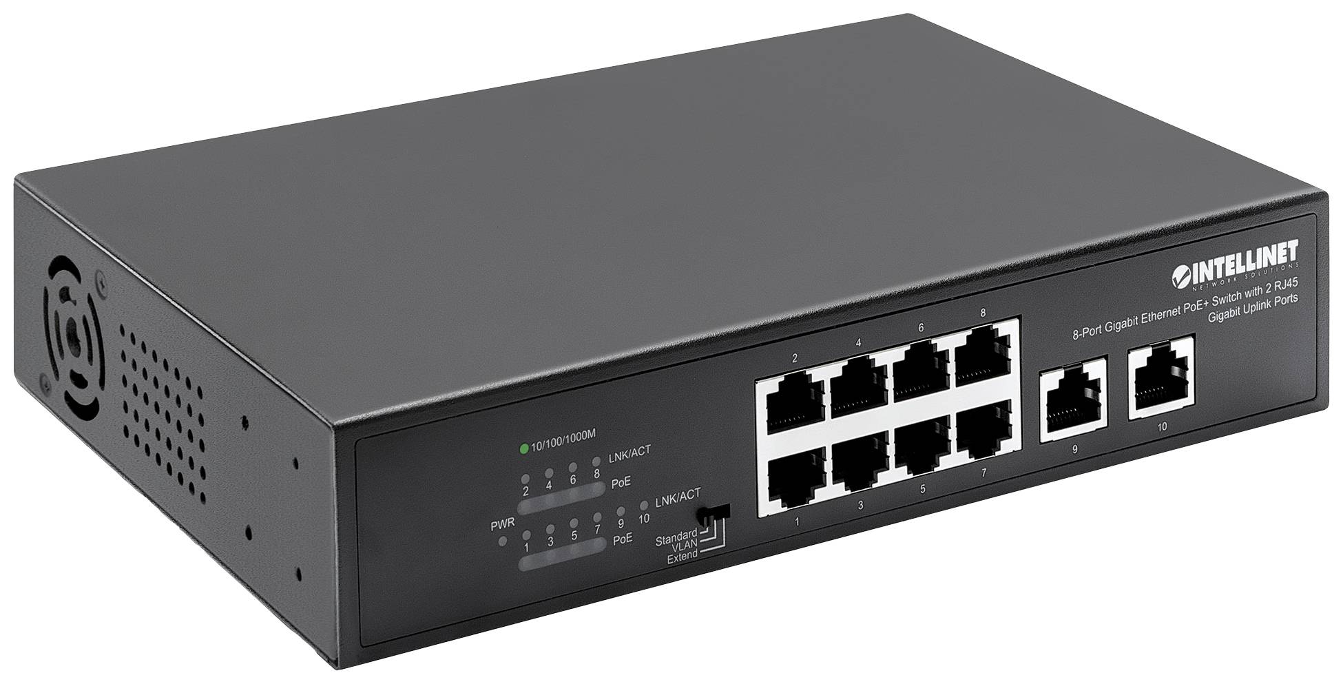 Intellinet 8-Port Gigabit Ethernet PoE+ Switch mit 2 RJ45 Gigabit Uplink-Ports 120W Netzwerk Switch 10 / 100 / 1000 MBit/s IEEE802.3af (15.4 W)
