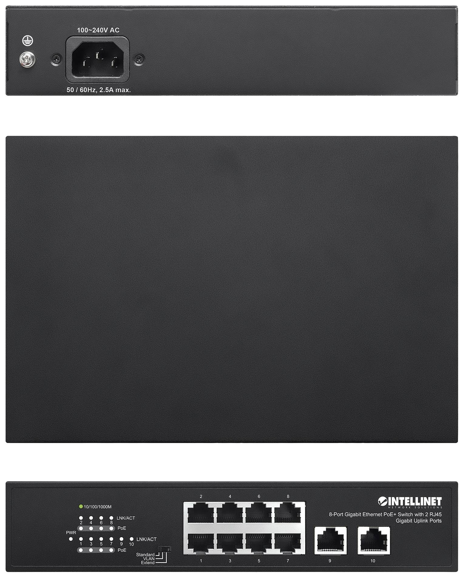 Intellinet 8-Port Gigabit Ethernet PoE+ Switch mit 2 RJ45 Gigabit Uplink-Ports 120W Netzwerk Switch 10 / 100 / 1000 MBit/s IEEE802.3af (15.4 W)