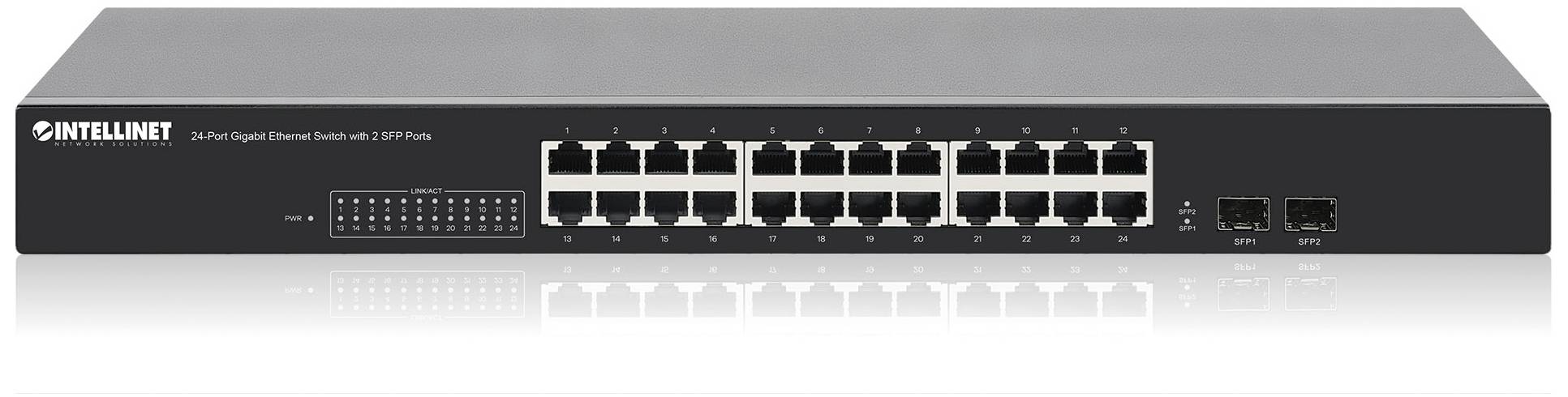 Intellinet 24-Port Gigabit Ethernet Switch mit 2 SFP-Ports IEEE 802.3az 19" Rackmount 19 Zoll Netzwerk-Switch 10 / 100 / 1000 MBit/s