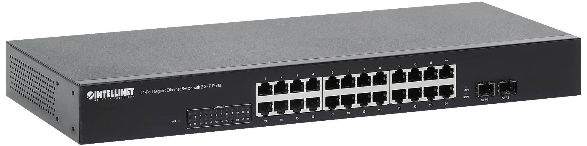 Intellinet 24-Port Gigabit Ethernet Switch mit 2 SFP-Ports IEEE 802.3az 19" Rackmount 19 Zoll Netzwerk-Switch 10 / 100 / 1000 MBit/s