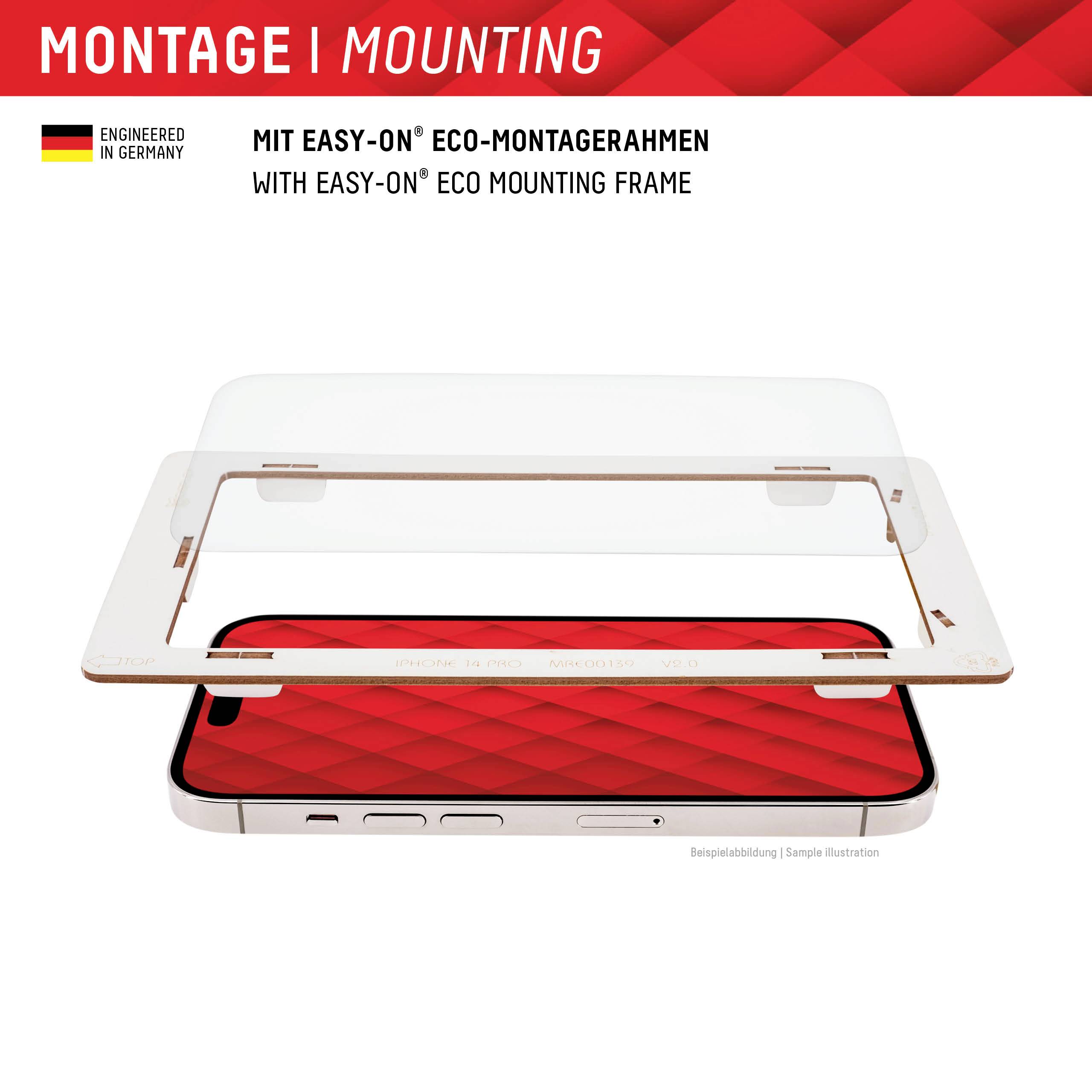 Ein Smartphone mit einer roten Abdeckung, darüber ein transparenter Rahmen. Oben steht: 'MIT EASY-ON® ECO-MONTAGERAHMEN'.