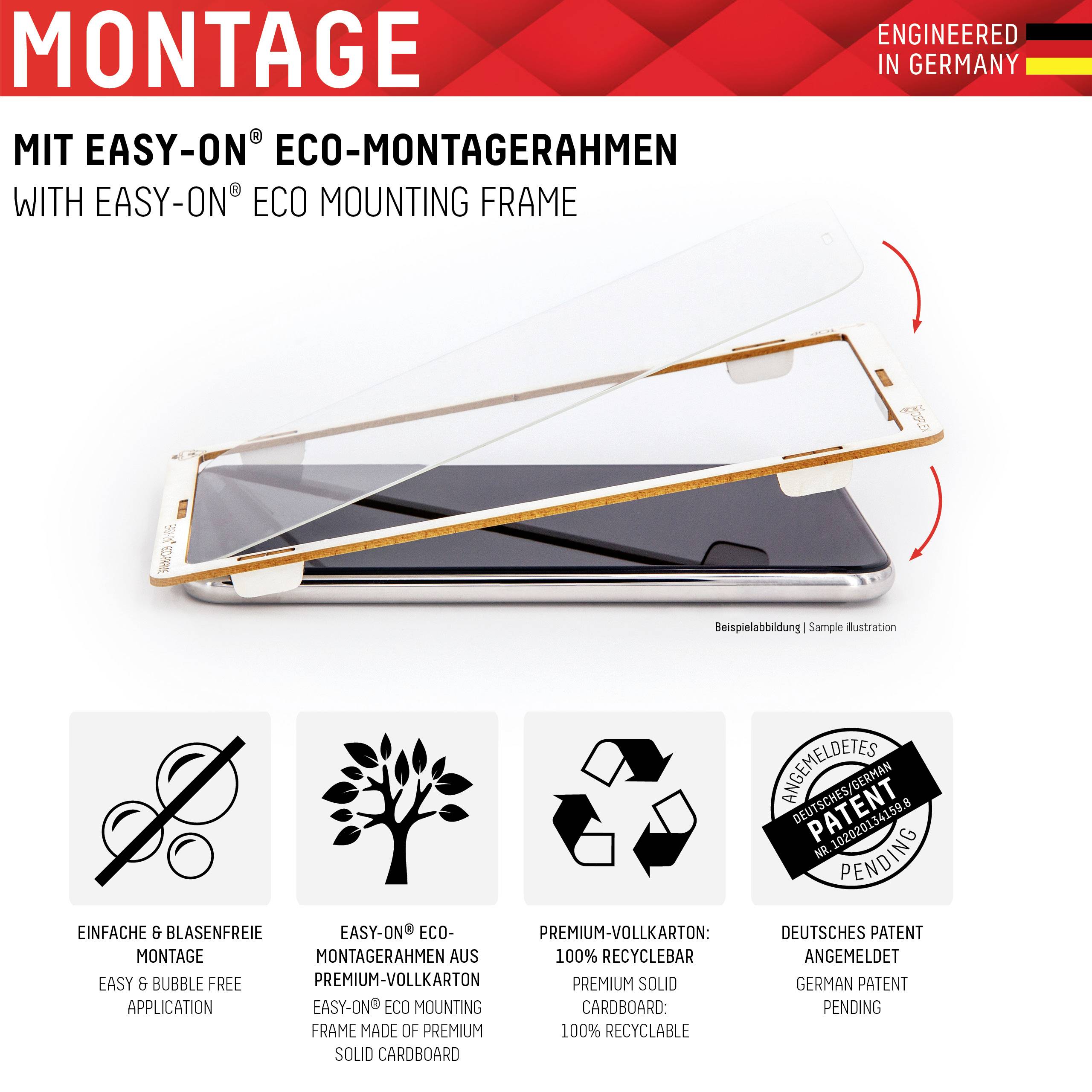 Smartphone mit Easy-On Eco-Montagerahmen für einfache Glasfolie-Anbringung. Lichtdurchlässige Schutzfolie und premium Vollkontakt.