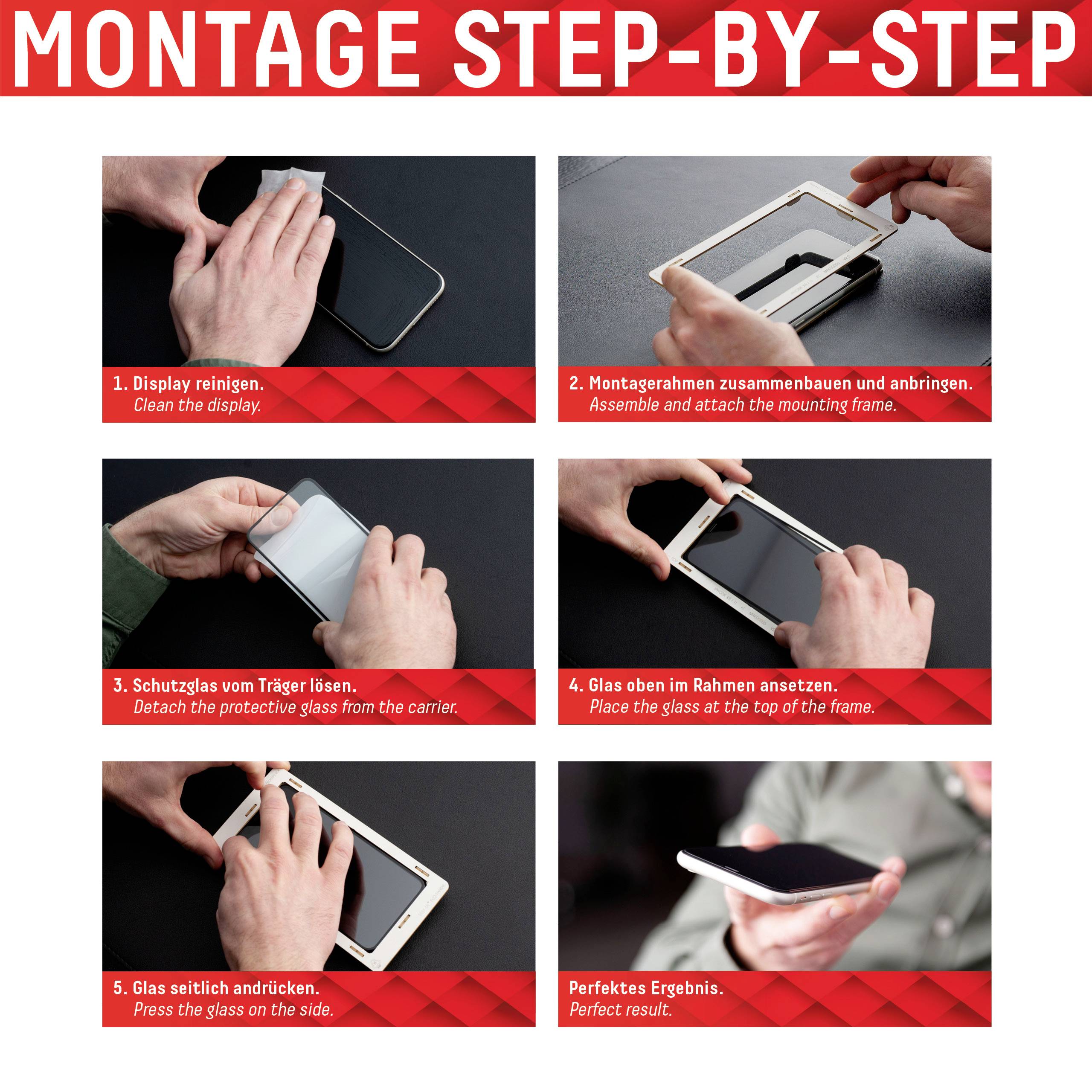 Bildanleitung zur Montage eines Displayschirms: Schritte umfassen Reinigung, Zusammenbau, Entfernen der Schutzfolie und Anbringung des Glases.